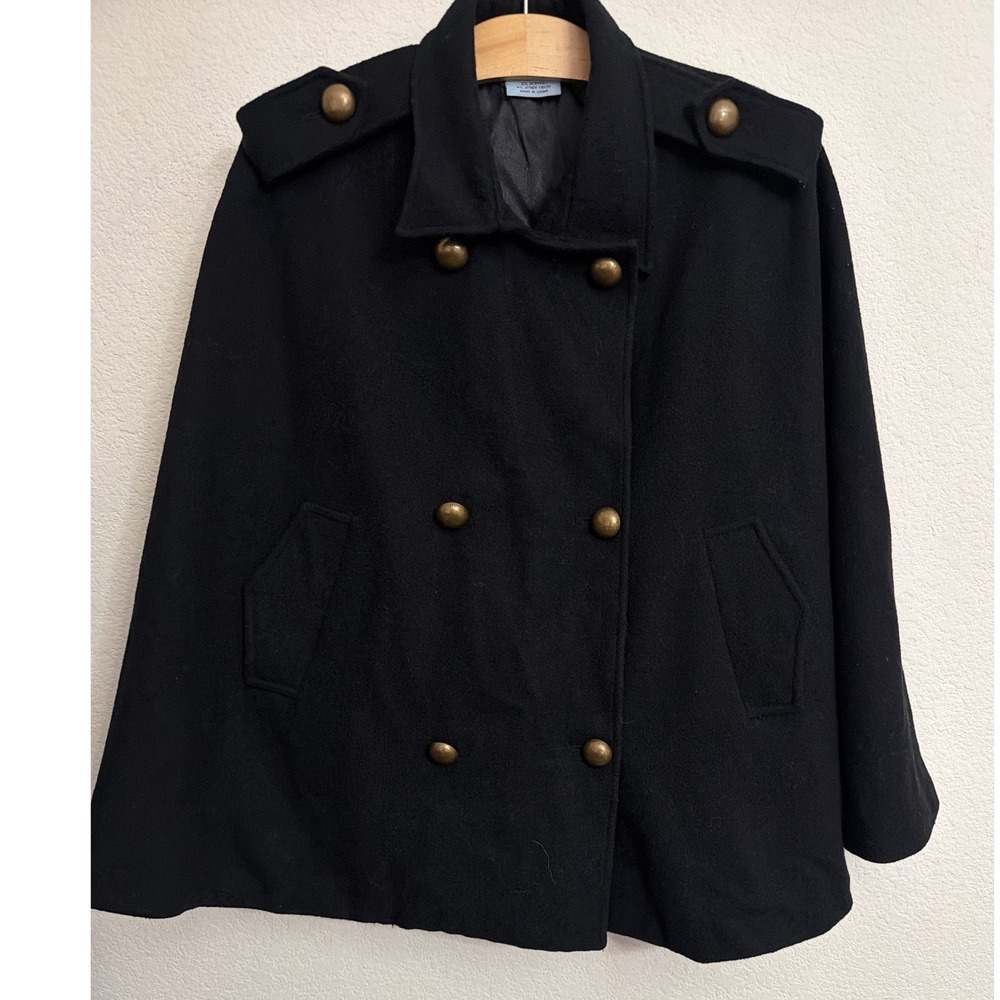 Kate Landry Black Wool Blend Steampunk Cape Coat Brass Button Double Breast